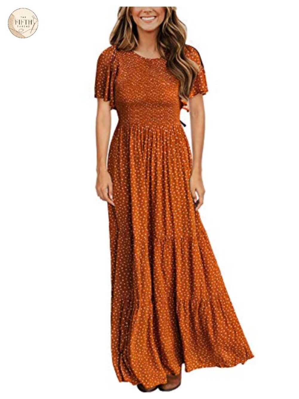 Women's Smocked Floral Maxi Dress Flutter Short Sleeve Crewneck Ruffle Hem